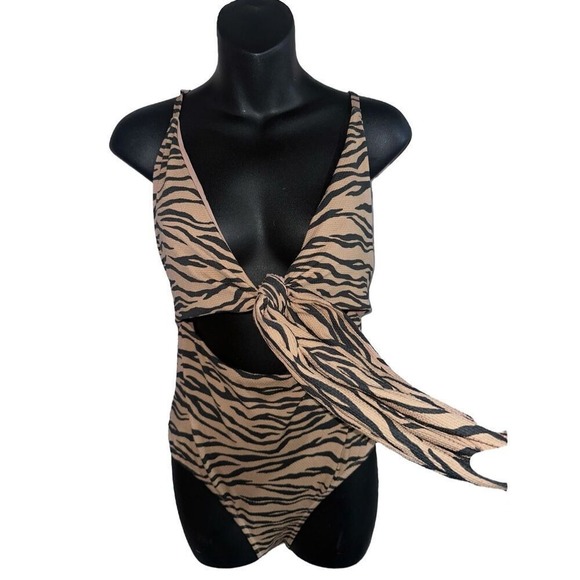 NEW WITH TAGS beautiful Aerie Swimsuit Womens size Large Tan Black Tiger Print W - Picture 3 of 6